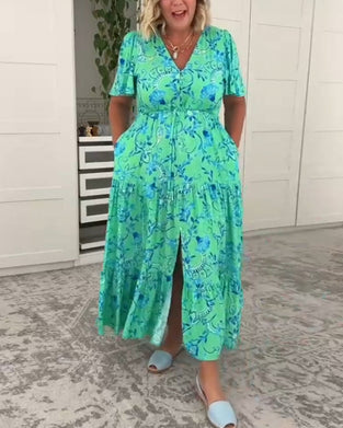 Kortærmet kjole med lommer og print