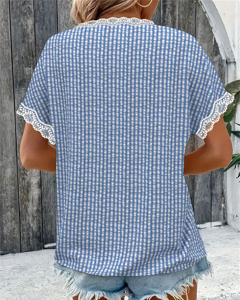 Bluse Rund Hals Blonder Patchwork Stribet