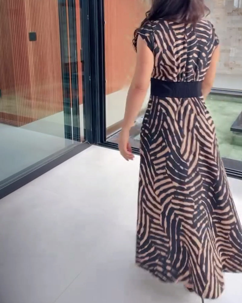 Trykt Kjole Med V-hals & Lotusblad-ærmer