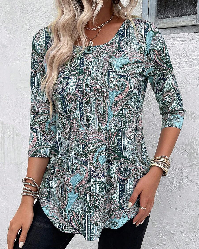 Bluse Trekvartsærme Vintage Tryk