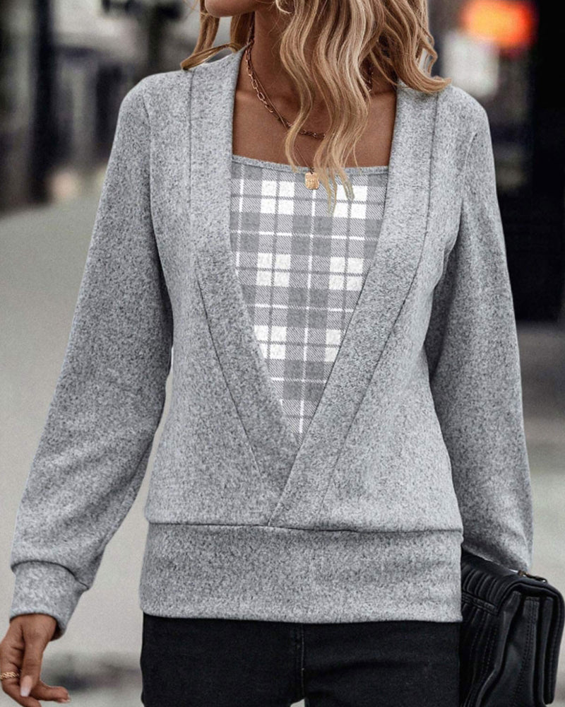 Patchwork langærmet top med plaidprint