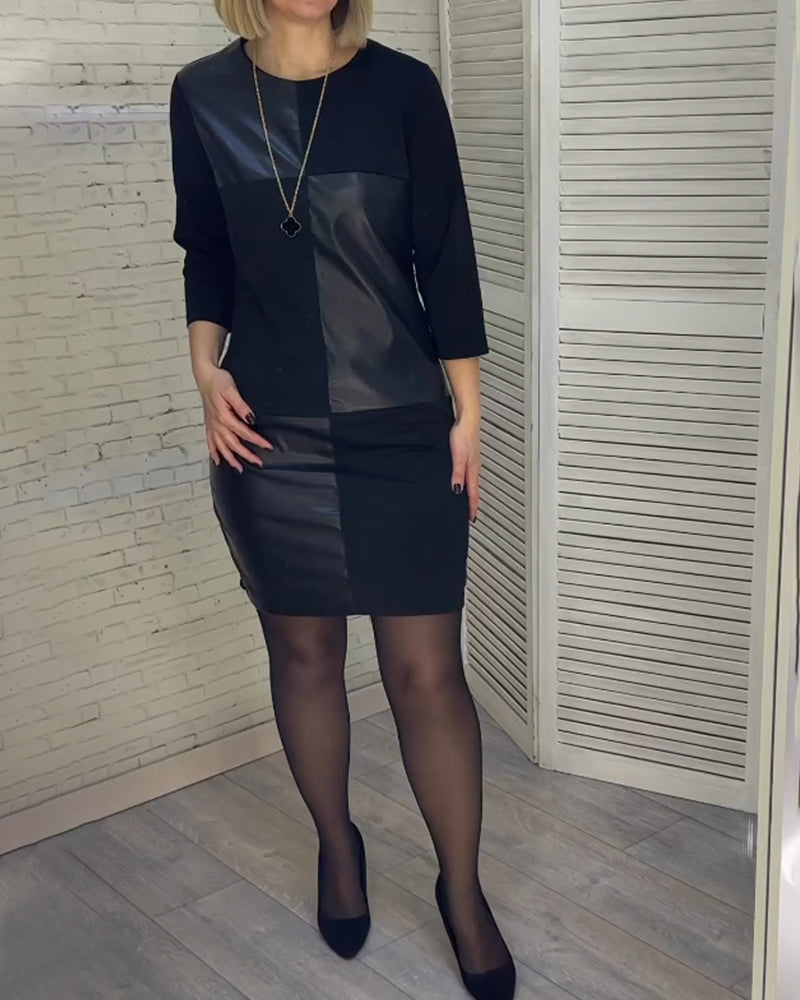 Patchworkkjole i PU-læder med rund hals