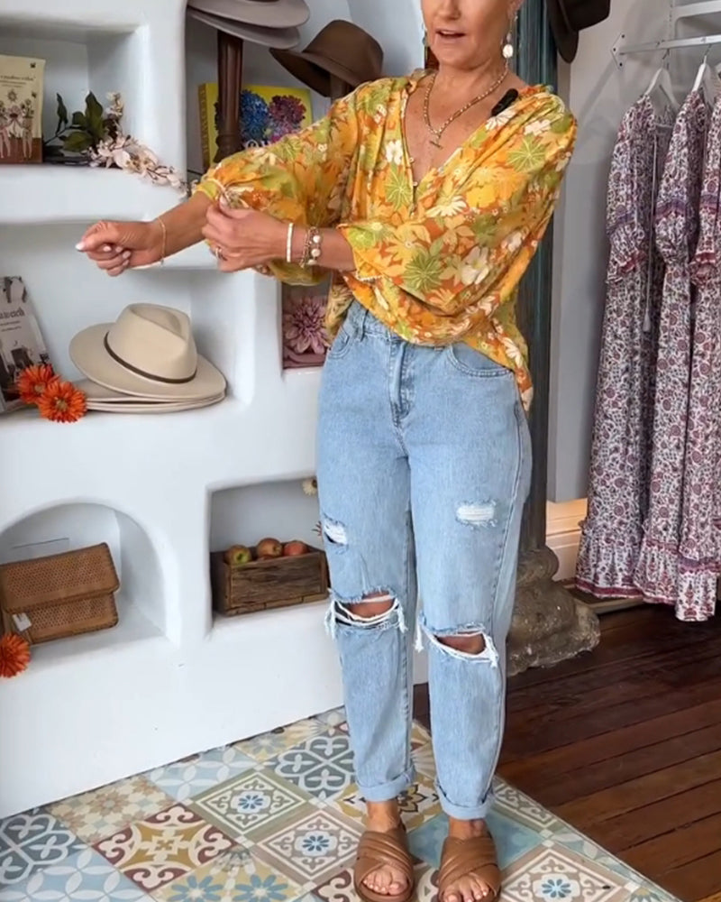 V-halset bluse med blomsterprint