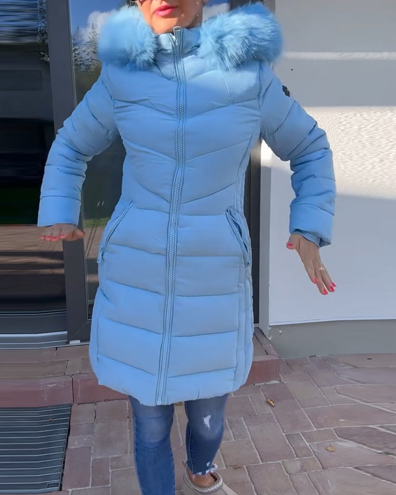 Ensfarvet vatteret jakke med lynlås og pelskrave