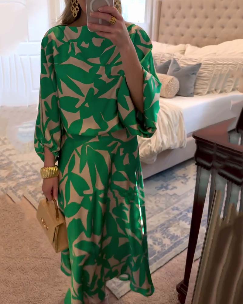 Sæt Kjole Afslappet Trykt Lanterneærmer Temperament