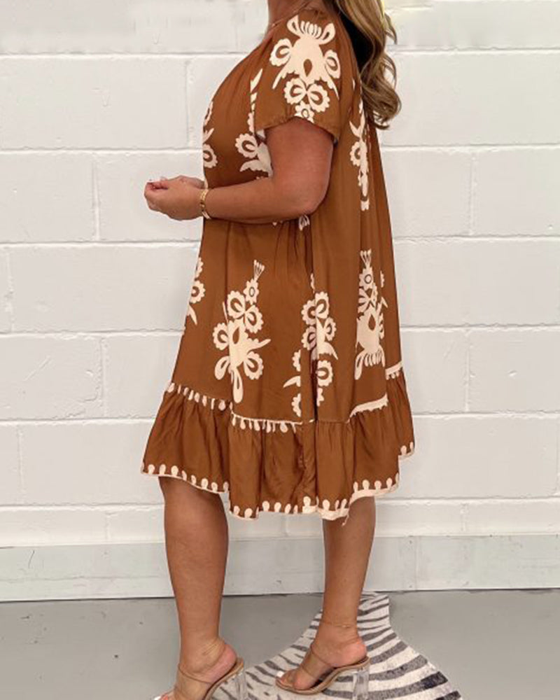 Printet kjole med rund hals