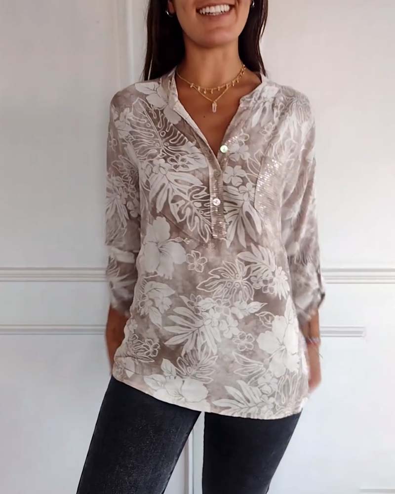 Patchwork top med pailletter med bladtryk