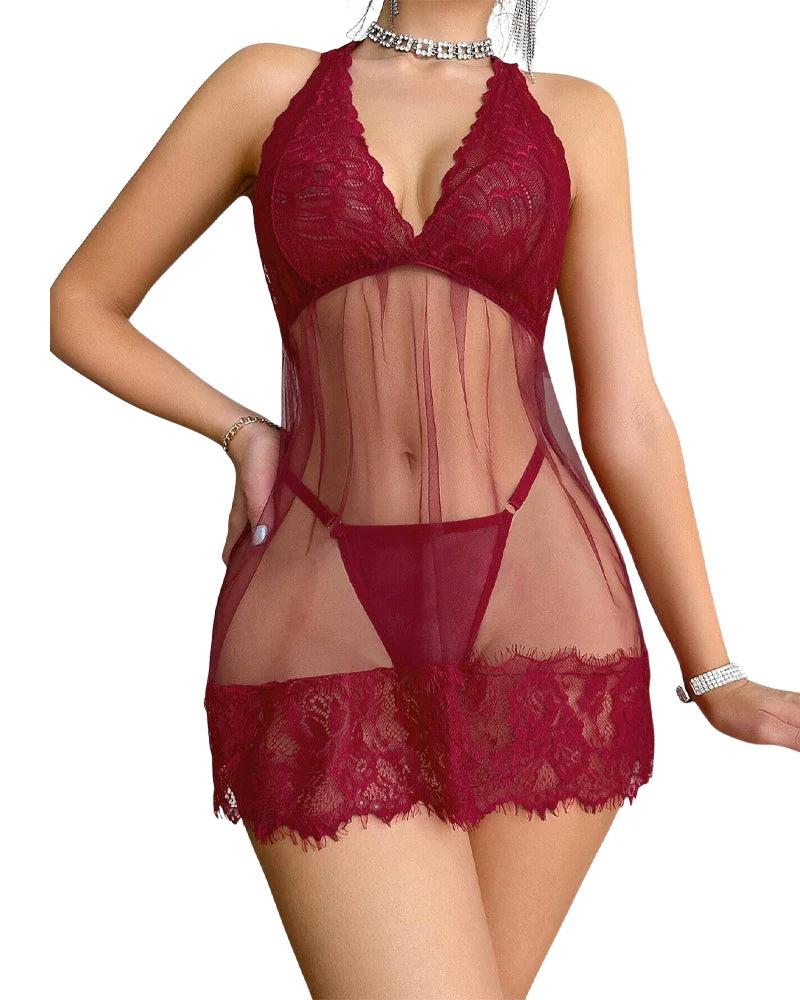 Blomstret Knipling Halter Babydoll Underskjole Med String