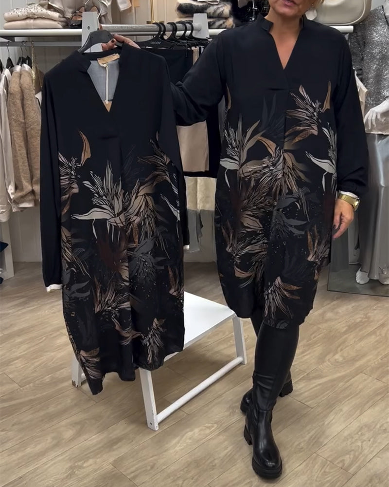 Kjole V-hals Blad Print Langærmet