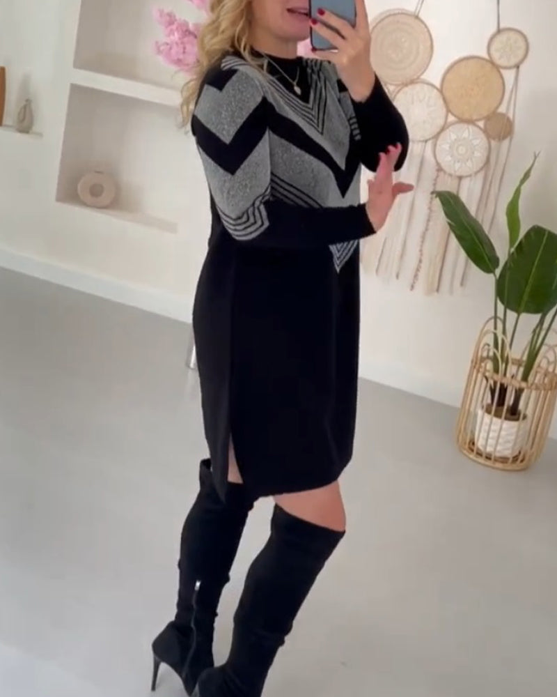 Farveblokmønstret sweaterkjole med sidesnit