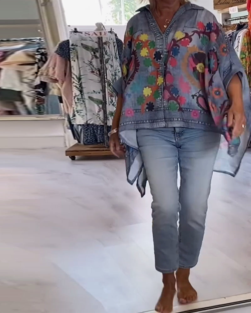 Bluse Uregelmæssig Print Falsk Denim