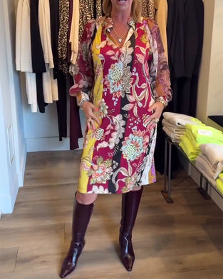 Trykt Puffærme Kjole Med Stiv Krave