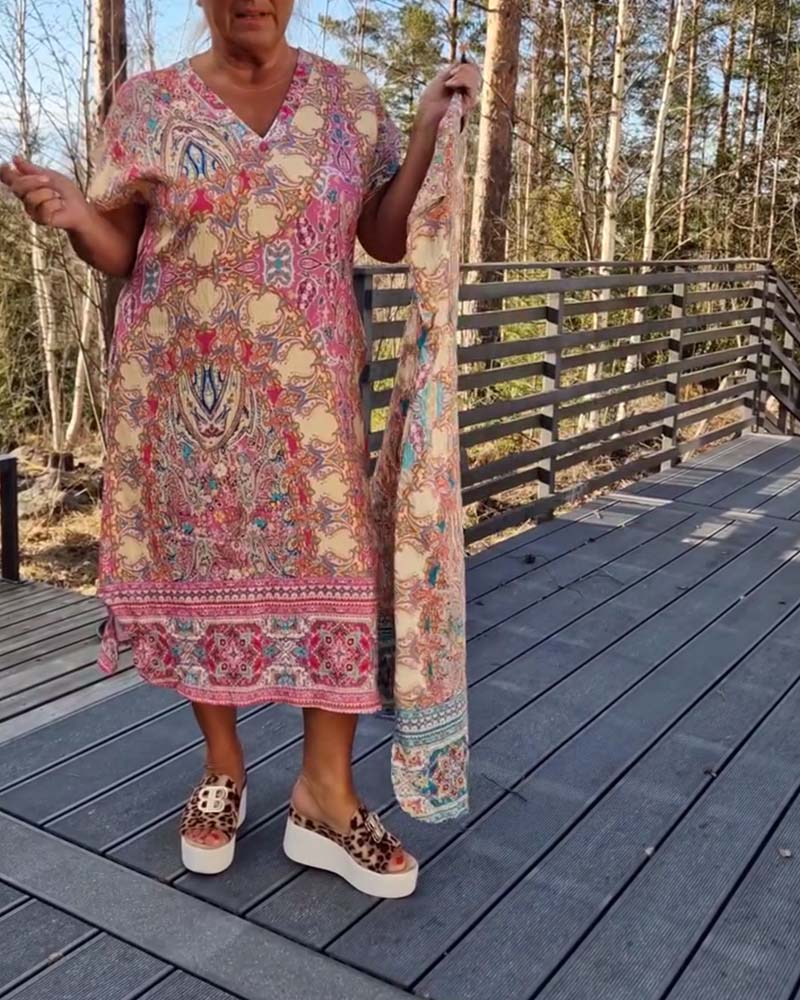 Kjole V-Hals Korte Ærmer Mønstret Løs