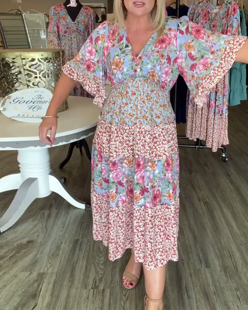 Kjole V-Hals Lotussærme Blomstret