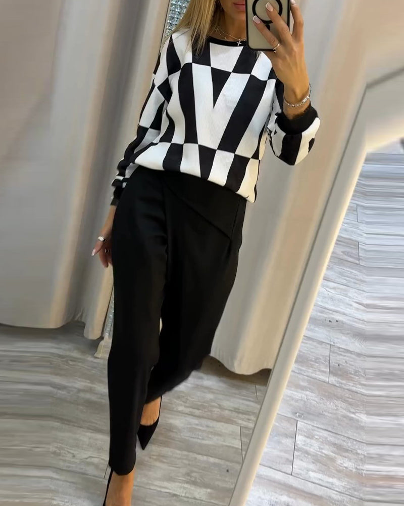 Sort/hvid sweatshirt med rund hals