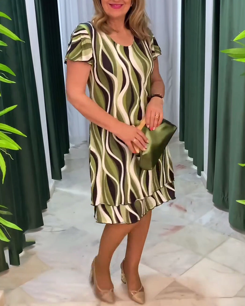 Kjole Ruffle Ærmer Trykt Dobbelt Lag