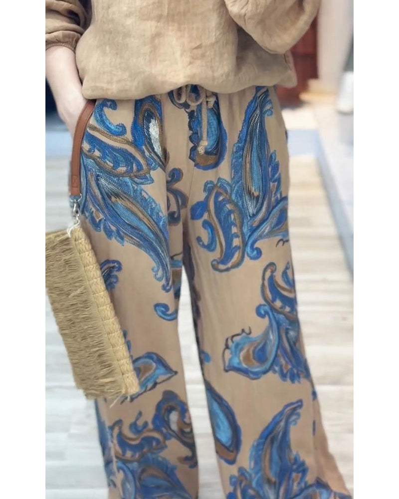 To-delt sæt | Langærmet hørbluse og mønstrede bukser