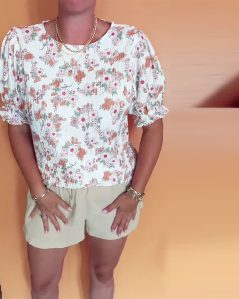 Bluse Rund Hals Blomstret Kort Ærme