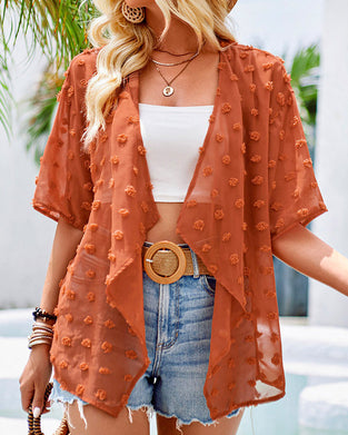 Ensfarvet tynd jacquard cardigan med korte ærmer