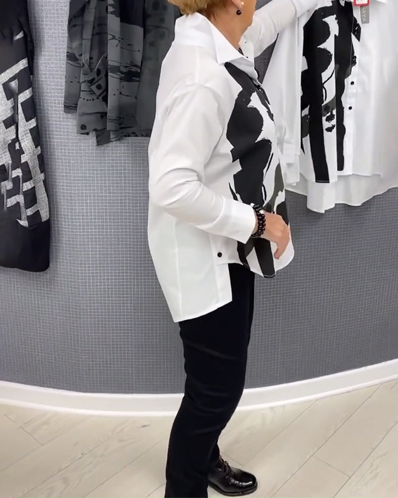 Bluse afslappet revers knap-down lange ærmer printet