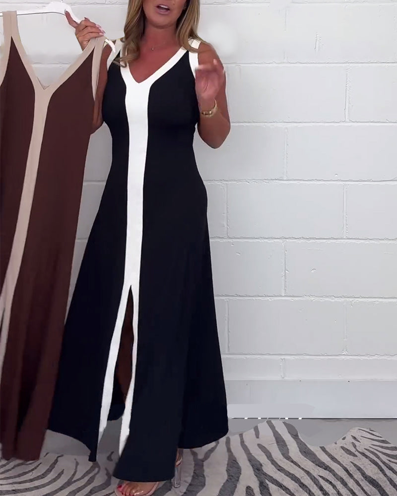 Kjole uden ærmer med hvide kanter og bred skillelinje