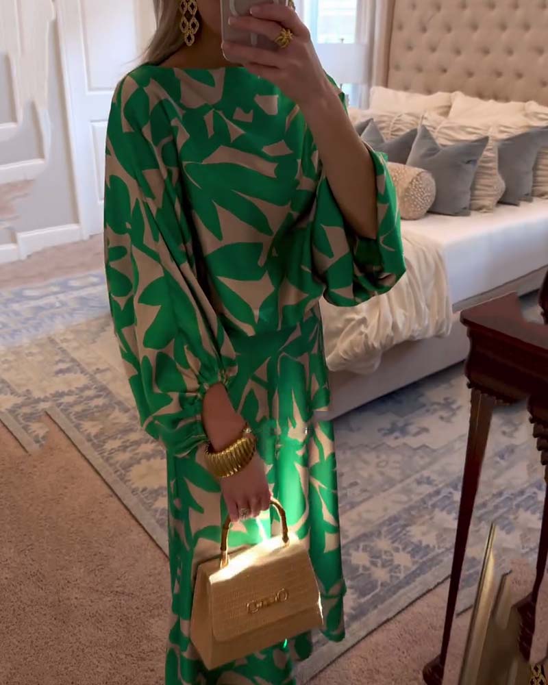 Sæt Kjole Afslappet Trykt Lanterneærmer Temperament