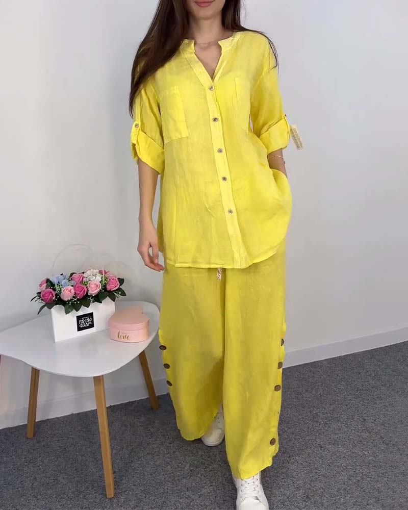 Gult to-delt sæt | Bukser og skjorte med blonder