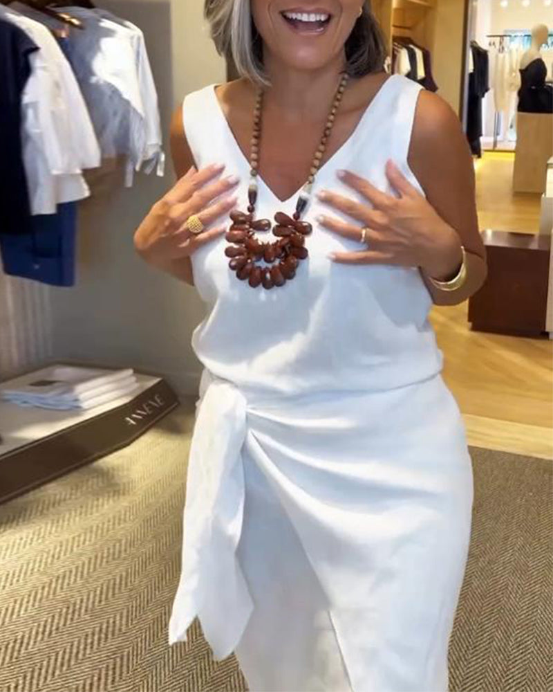 Kjole Ærmeløs V-Hals Ensfarvet