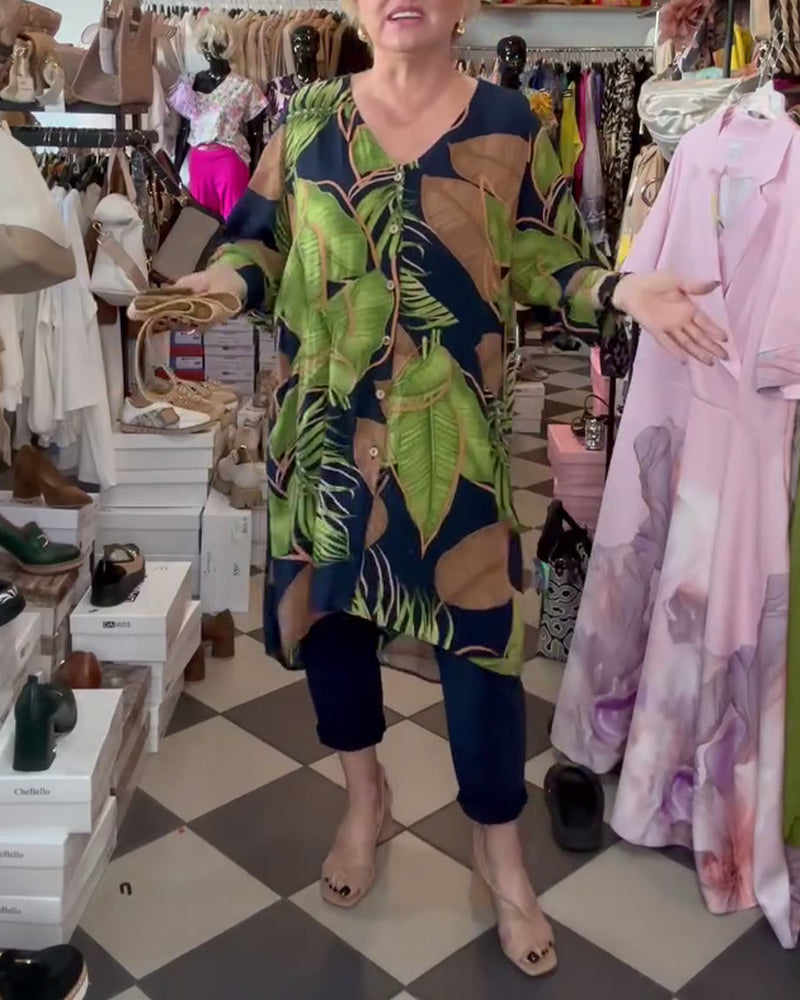 Løs Kjole Med Bladprint Og V-Udskæring