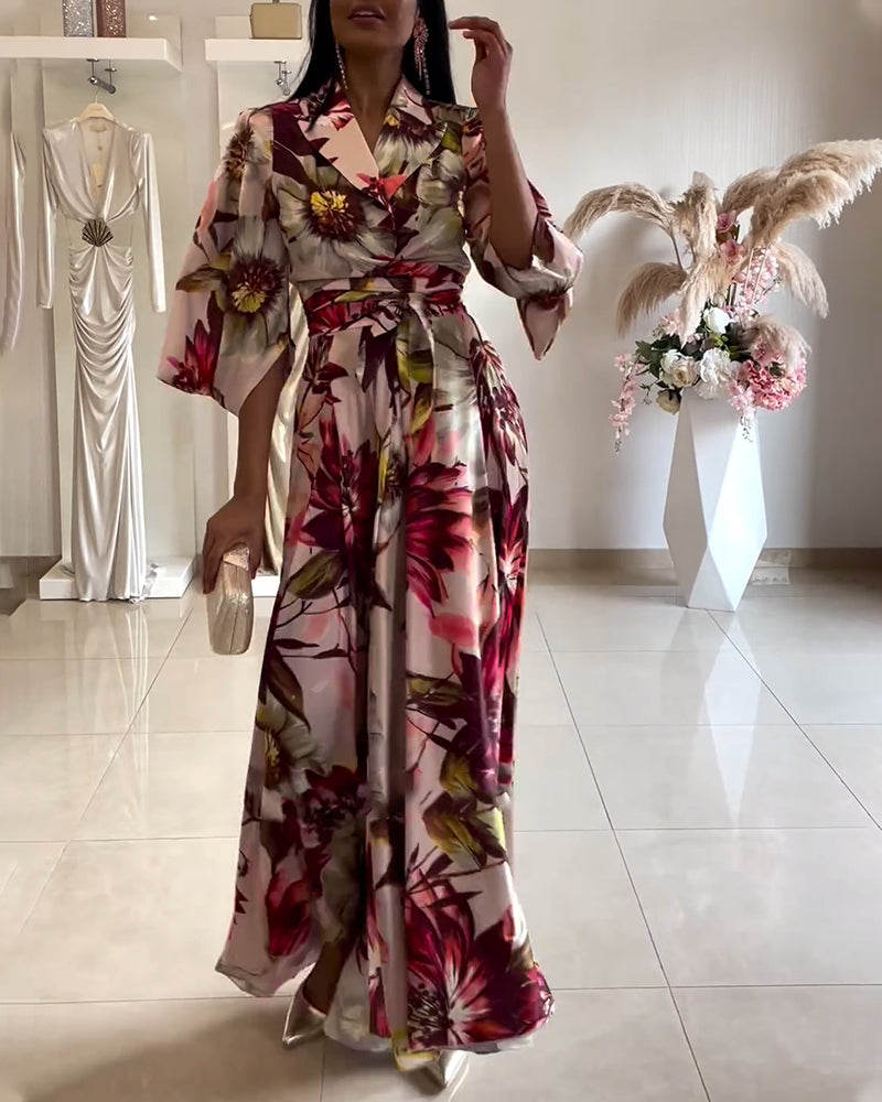 Trekvart-ærmet blomsterkjole med snøre