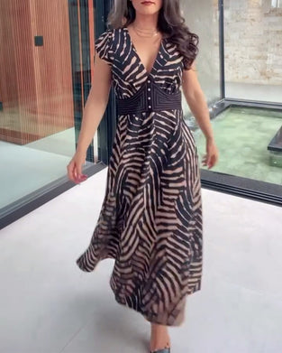 Trykt Kjole Med V-hals & Lotusblad-ærmer