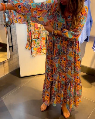 Print v-hals a-line maxi kjole