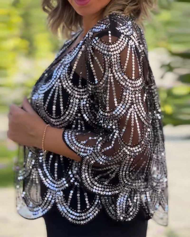Elegant gennemsigtig sportscoat med pailletter og bølgekanter
