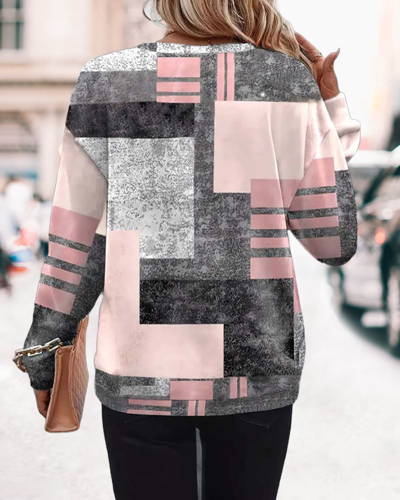 Sweatshirt med halv lynlås og uregelmæssigt geometrisk print