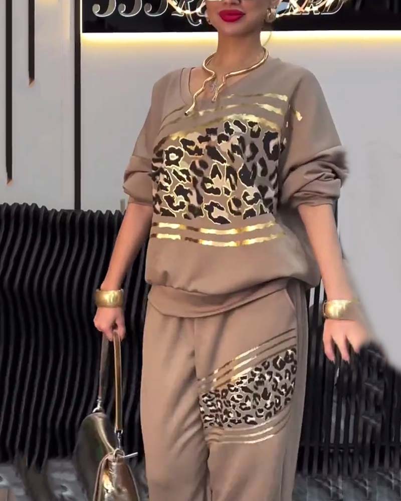 Sæt Leopardprint Afslappet Sweatshirt
