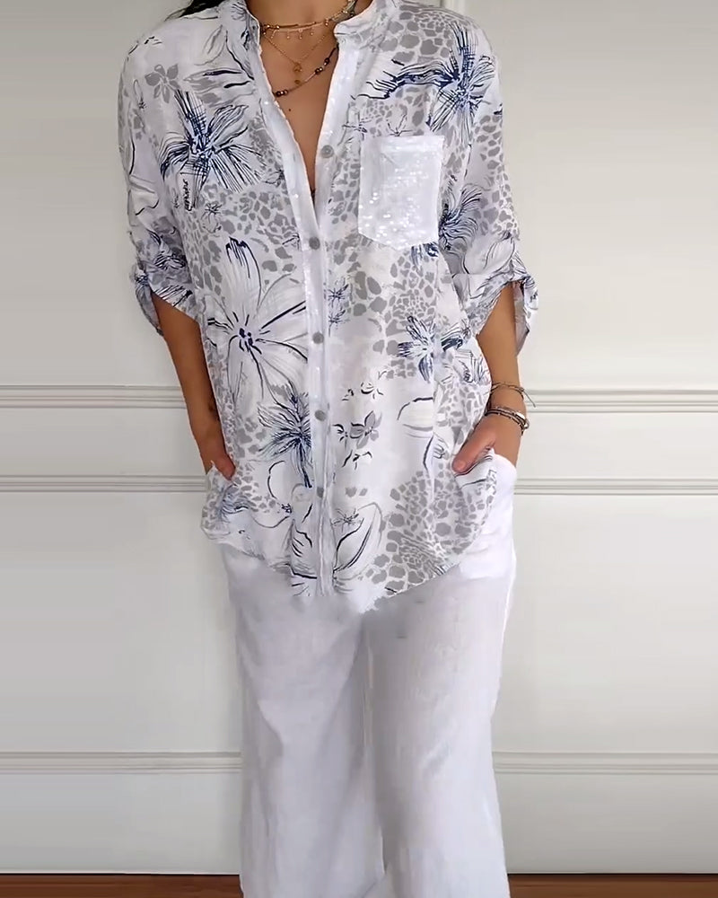 Skjorte Ståkrave Trykt Lomme