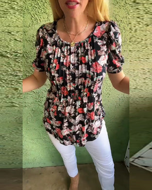 Bluse Rund hals Pufærme Plisseret Blomstret