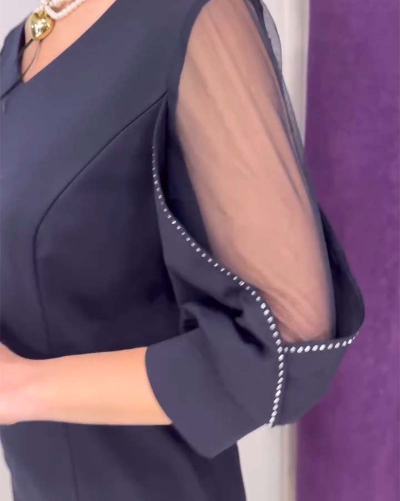 Kjole Halværmet V-hals Rhinestone Syning