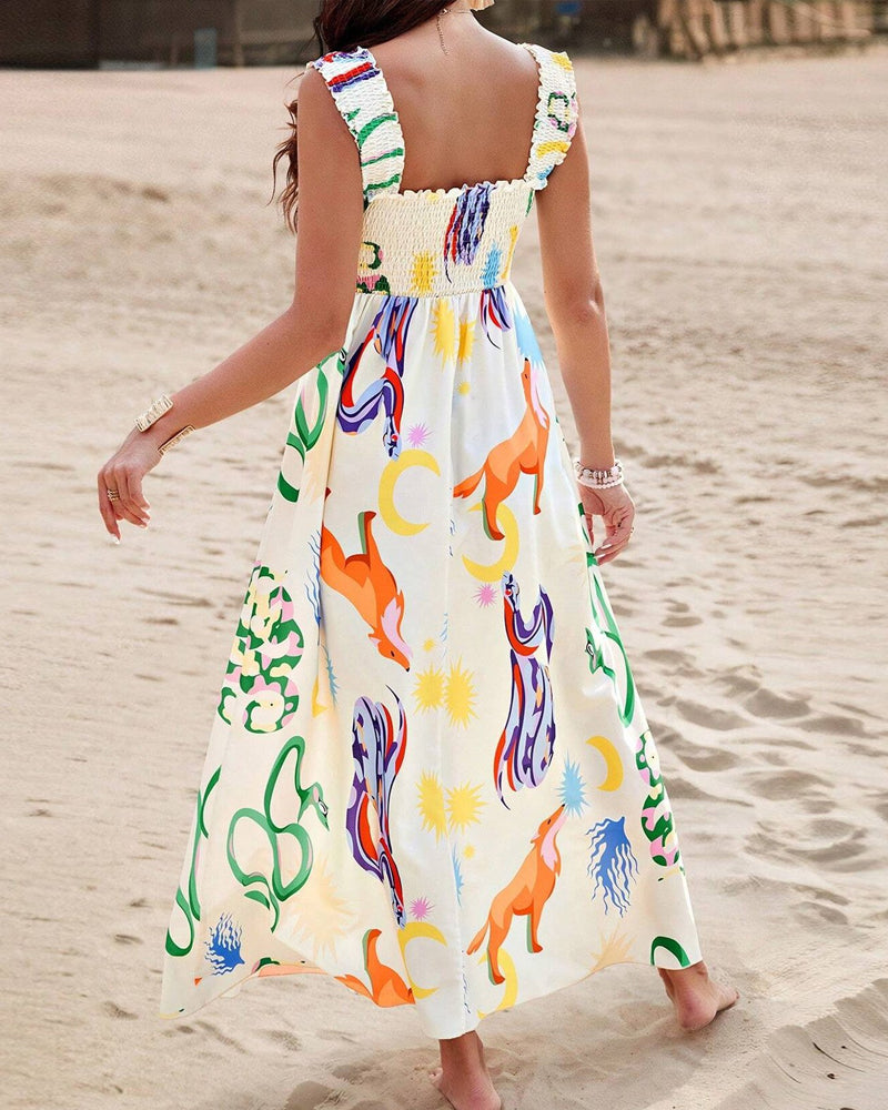 Farverig ærmeløs kjole med dyreprint