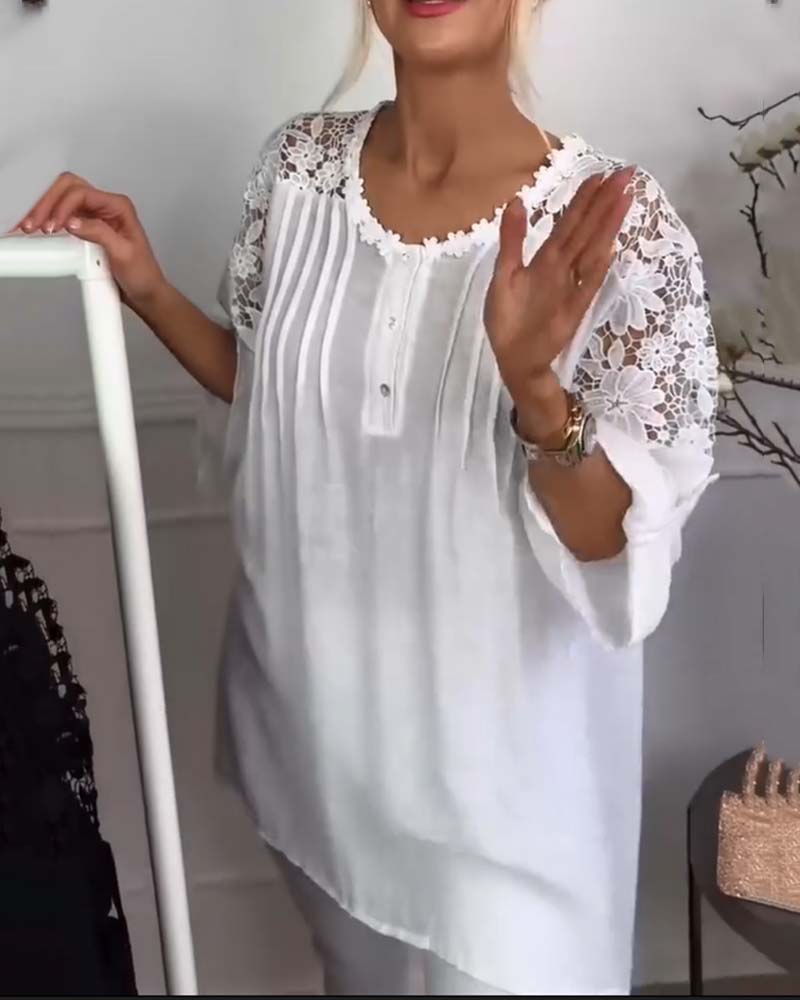 Bluse Rund Hals Blonde Patchwork Blomstret