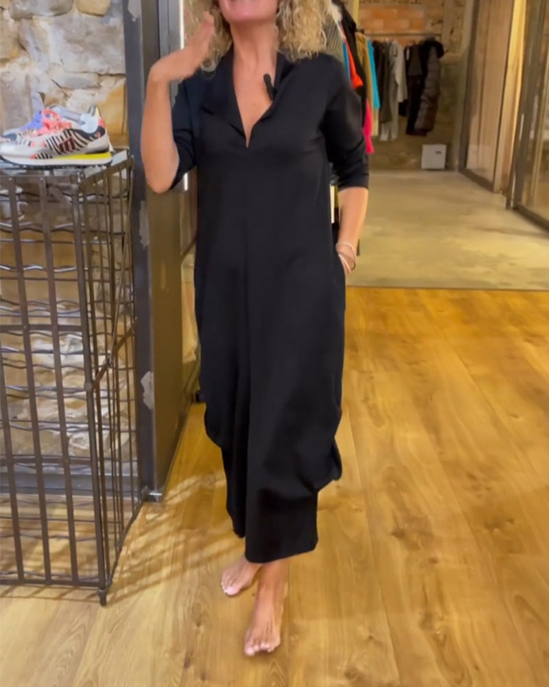 Ensfarvet Kjole Med V-Udskæring Og A-Linje