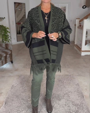 Langærmet cardigan med mørkt leopardprint