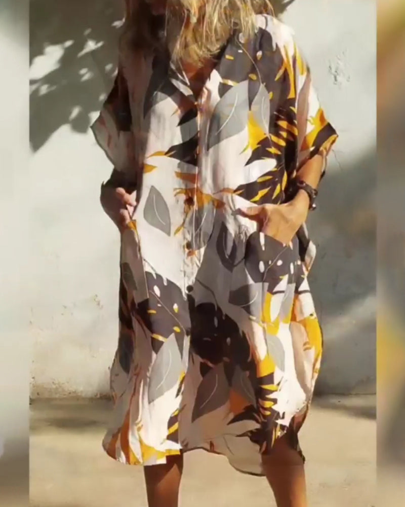 Kjole med lommer og bladprint