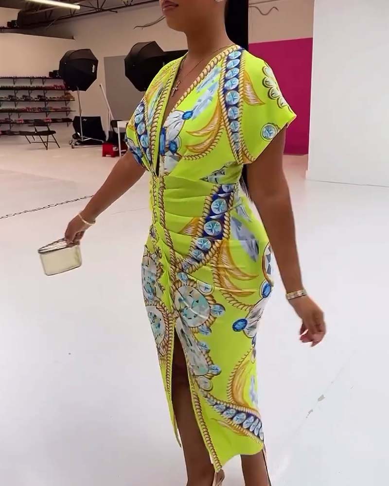 Gul slim fit kjole med print