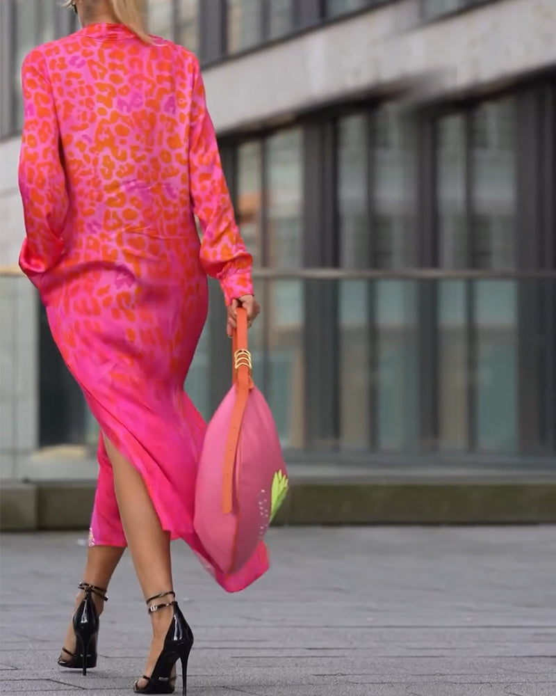 Kjole Langærmet Leopardskriftt Splits