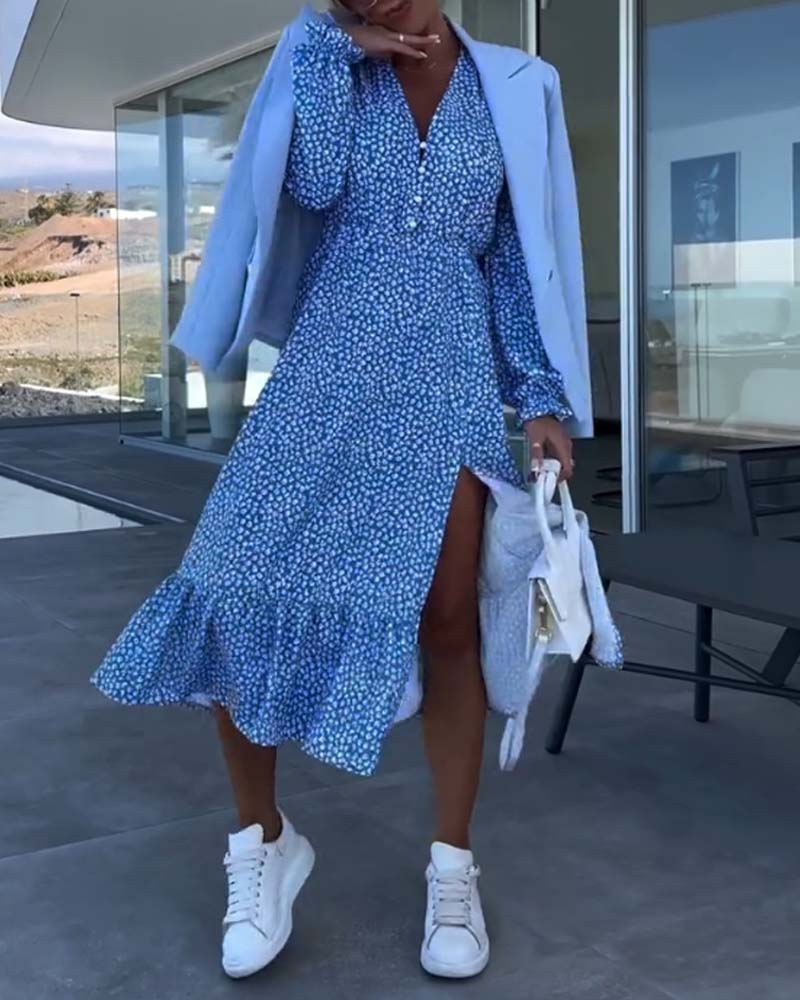 V-hals blomstret patchworkkjole