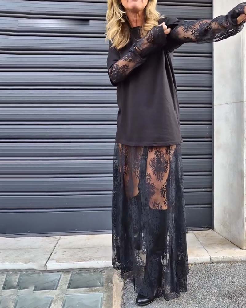 Todelt sæt - Sort top med blondeærmer og blondenederdel