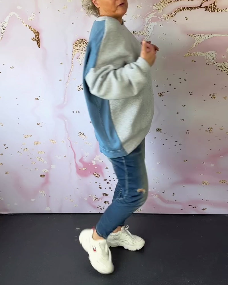 Sweatshirt med patchwork med rund hals
