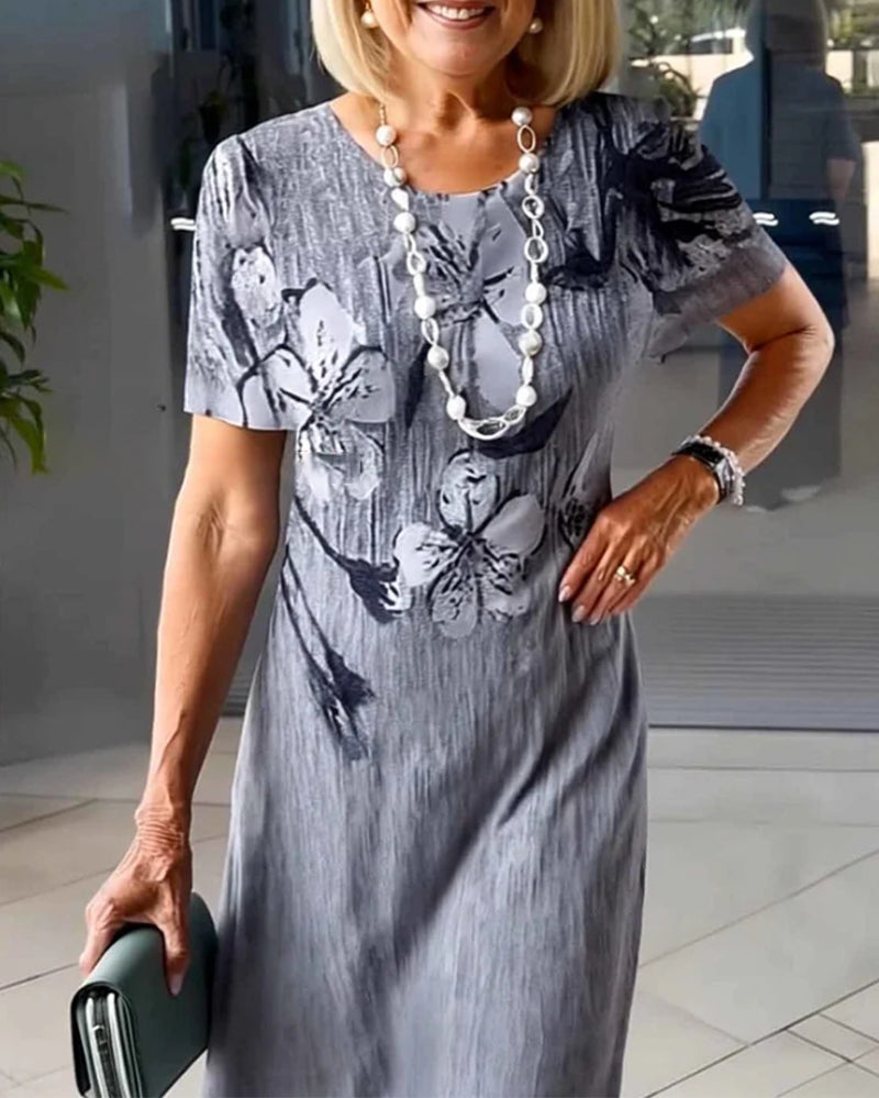 Kjole Rund Hals Korte Ærmer Trykt