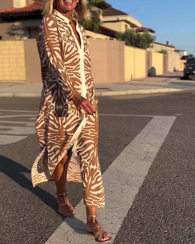 Langærmet kjole med knapper og print